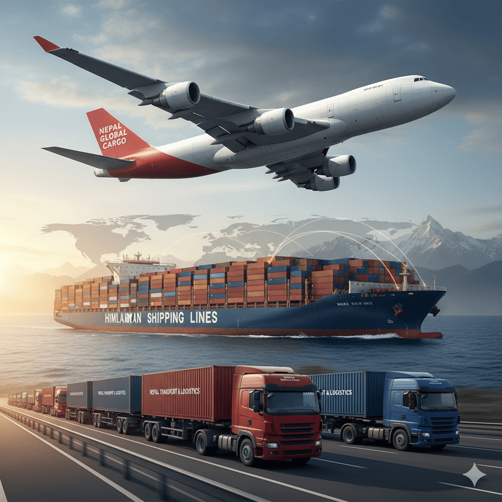 Airplane, cargo ship, and truck representing global logistics connections from Nepal.