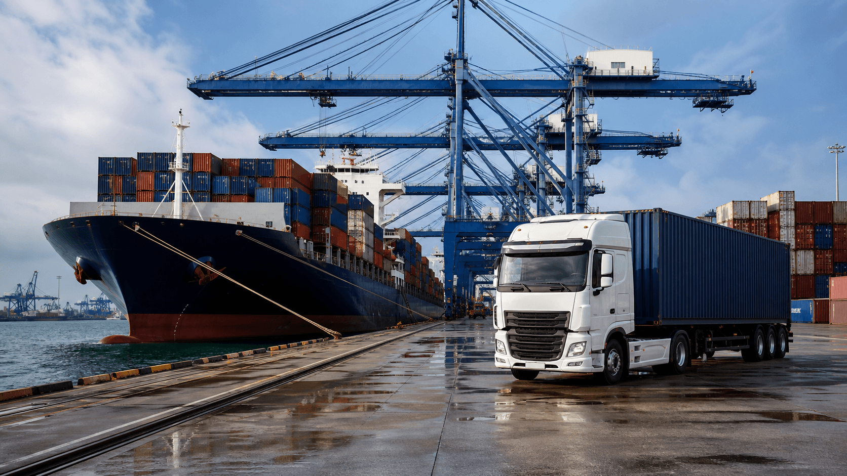 Container ship and truck handling sea freight cargo for Denmark delivery