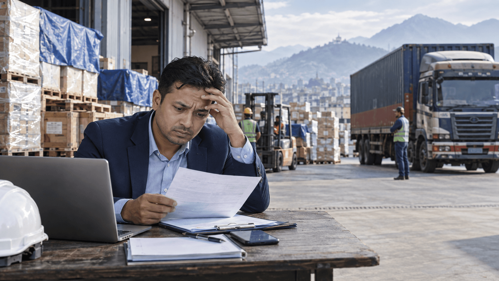 Concerned importer reviewing an incomplete freight quote beside delayed warehouse cargo