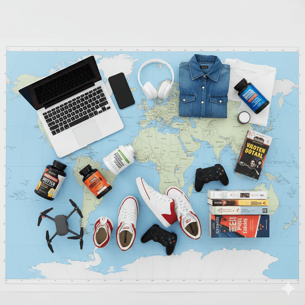 Common US products ordered online and shipped to Nepal displayed on a US–Nepal map background.