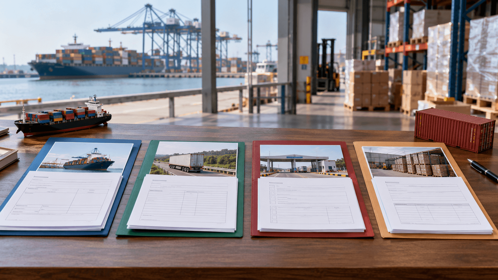 Separate document folders illustrating commercial, transport, transit and release paperwork