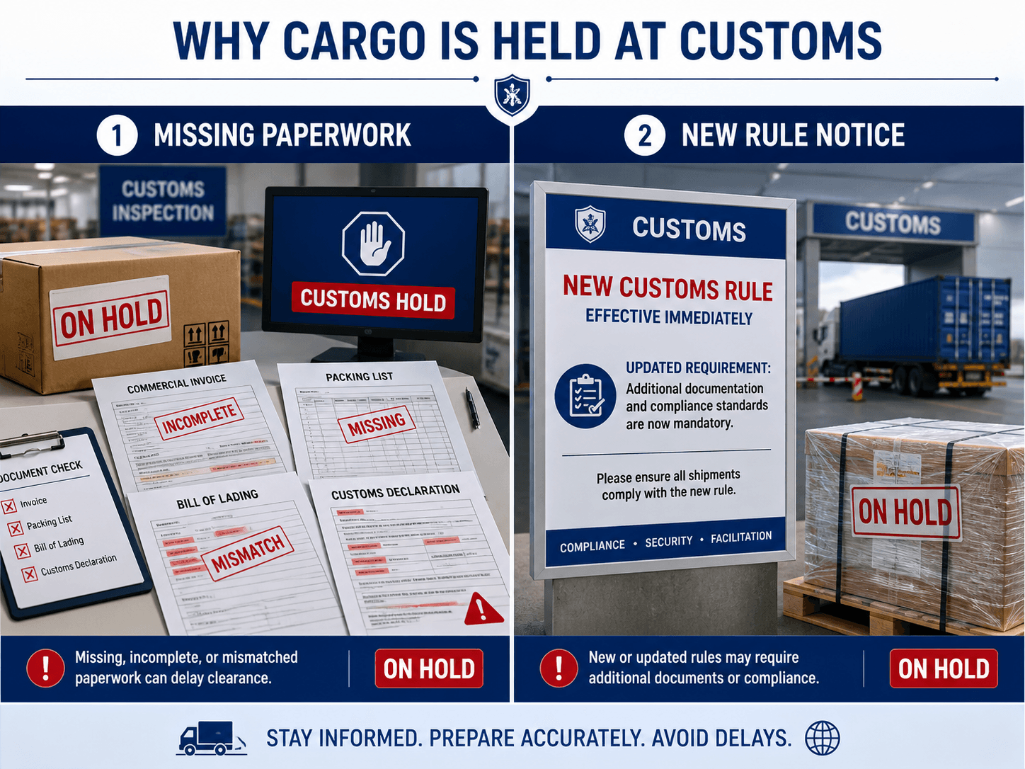 Main reasons cargo is held at customs.