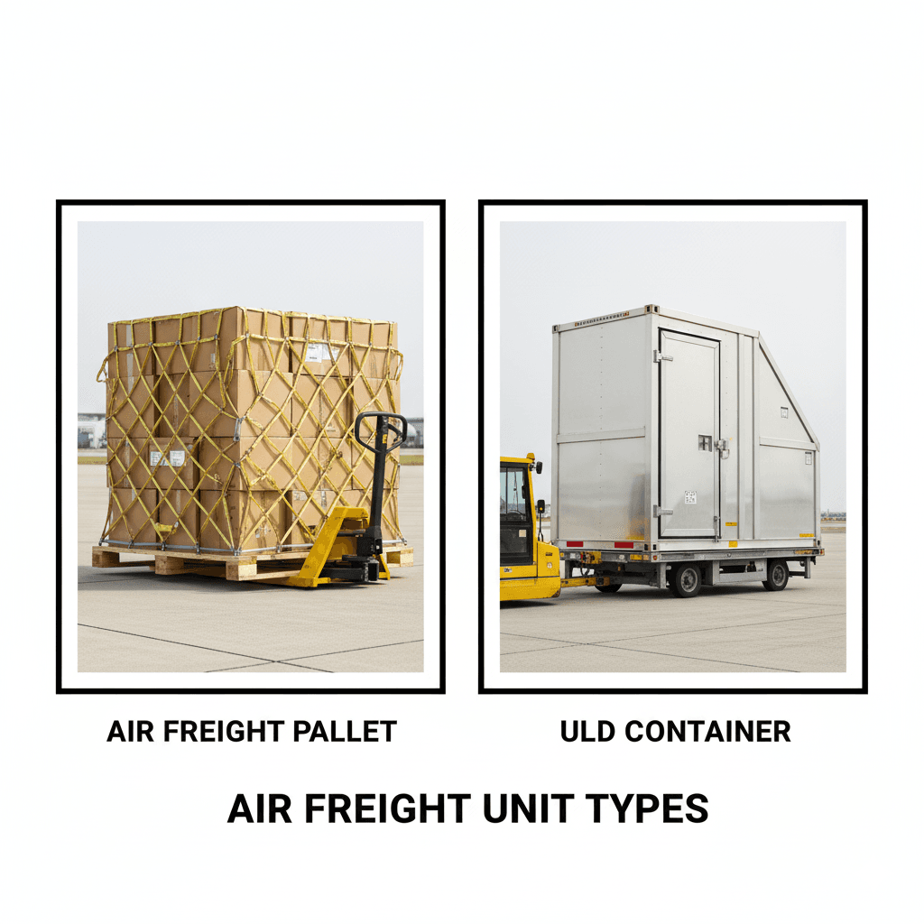 Comparison of a netted air freight pallet and a closed ULD container used for aircraft loading.