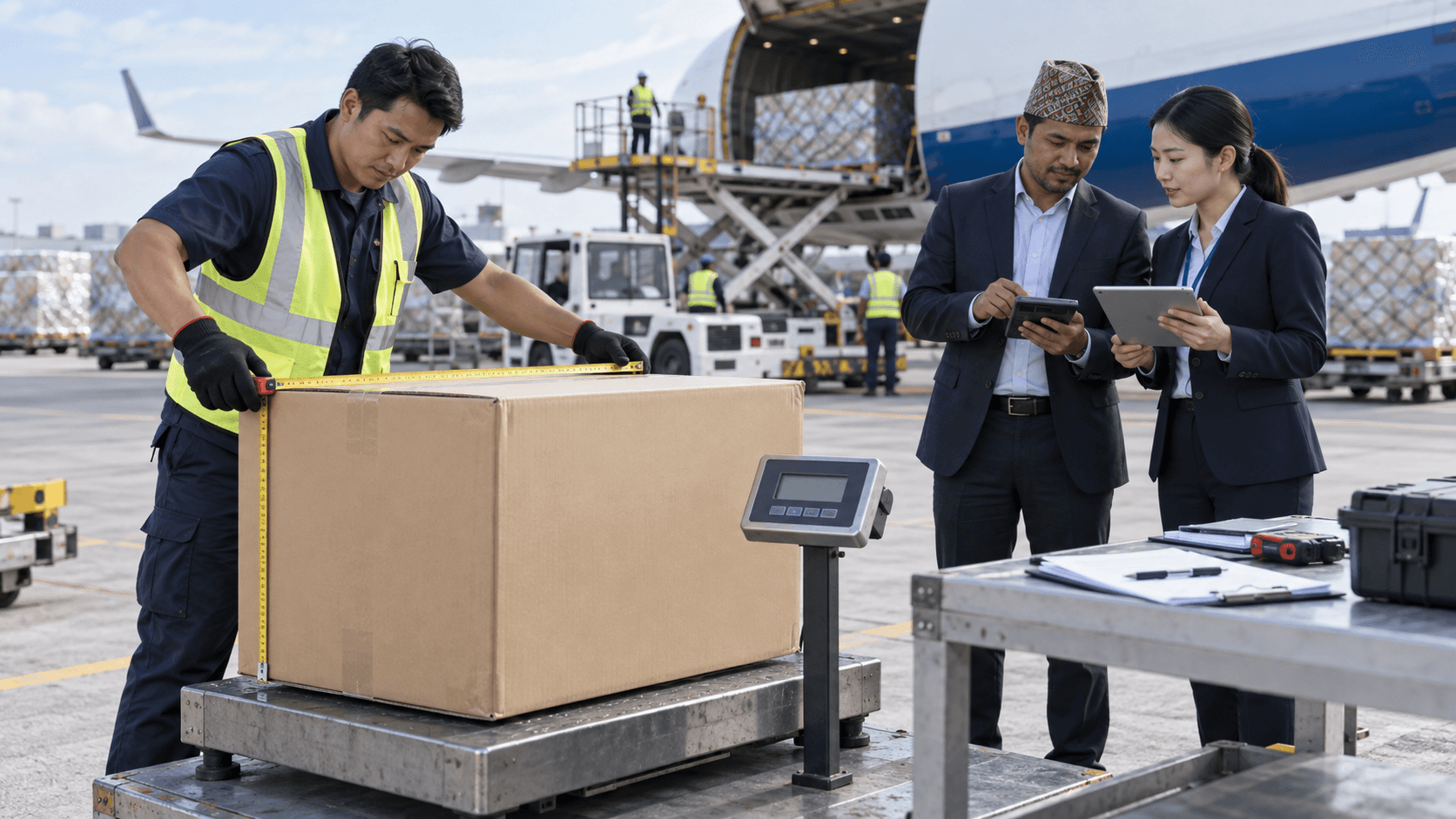 Guangzhou cargo carton being measured and weighed for an air freight quotation
