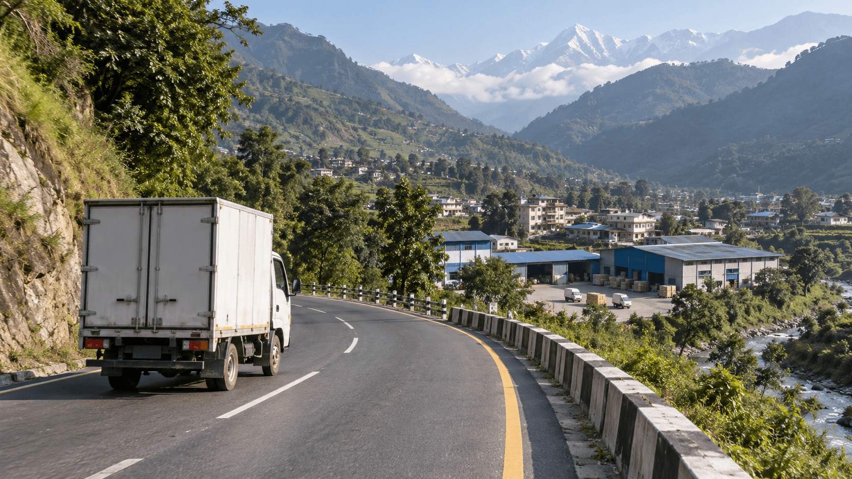 Enclosed delivery truck on a protected mountain road leading toward a Nepal regional business depot