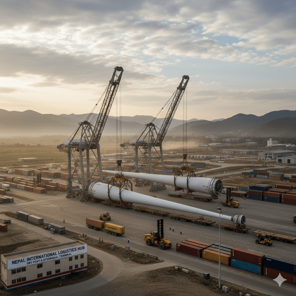 Heavy machinery being loaded onto flat rack containers by cranes in Nepal’s logistics hub.