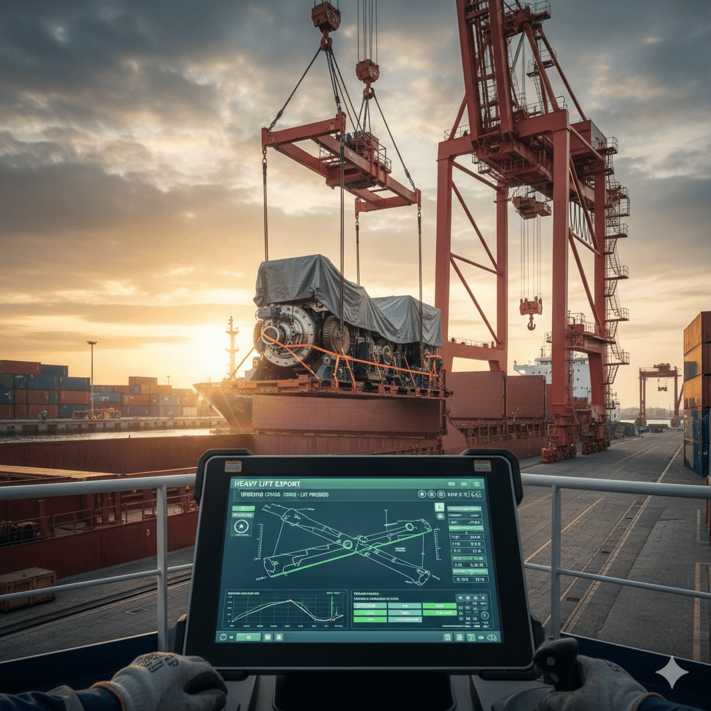 Cargo crane in action and digital tracking for a heavy lift export.