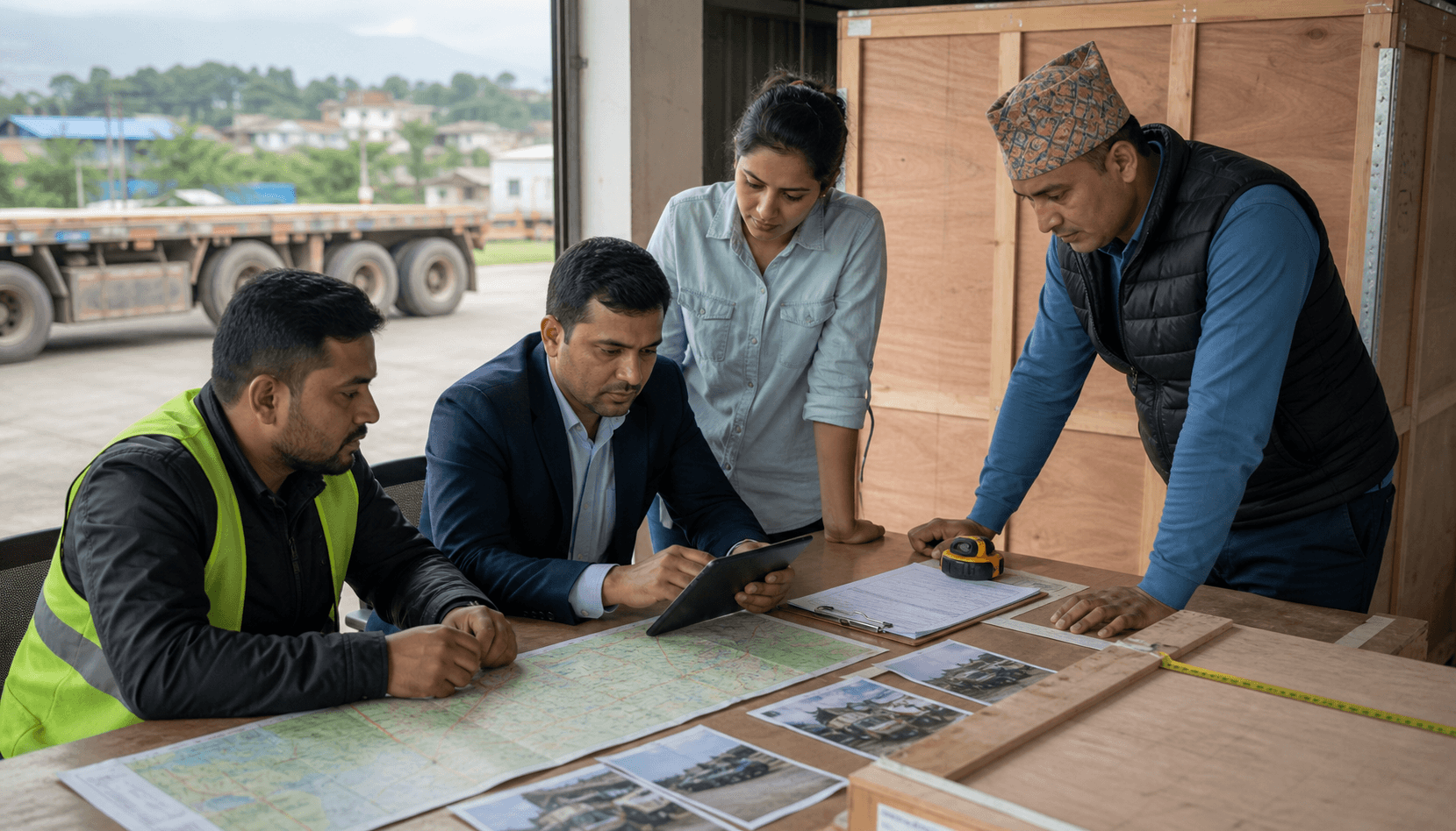 Heavy cargo planning team checking dimensions route access and trailer documents