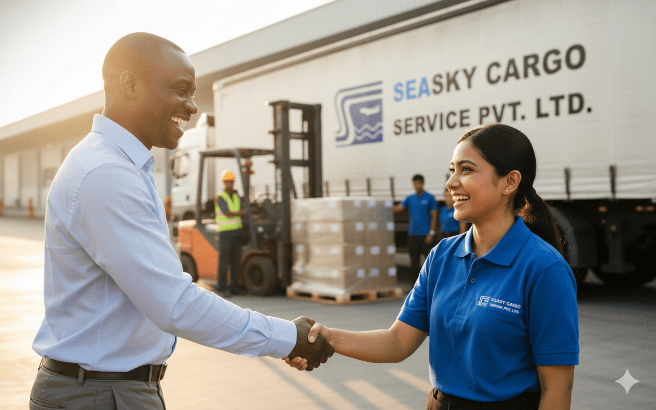 Smiling client and friendly logistics staff celebrating successful export shipping.