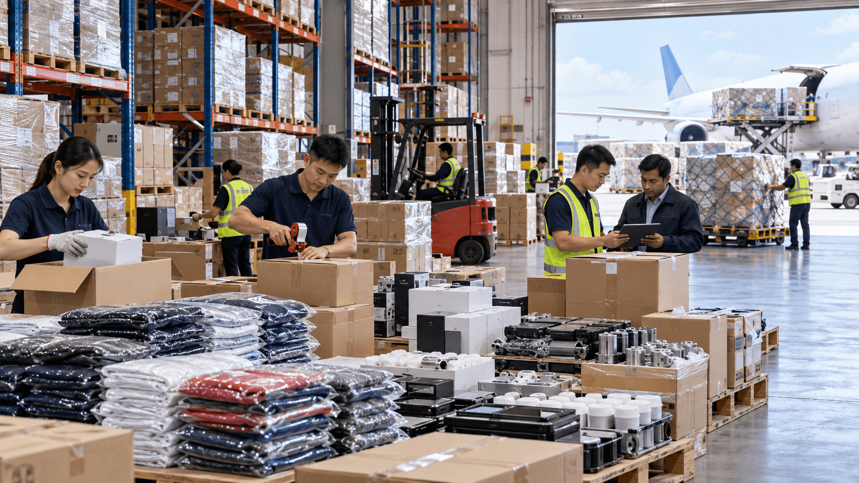 Guangzhou export warehouse preparing electronics garments and machine parts for Nepal