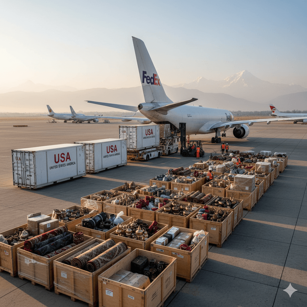 Main air and sea logistics routes from Nepal to USA highlighted on global map.