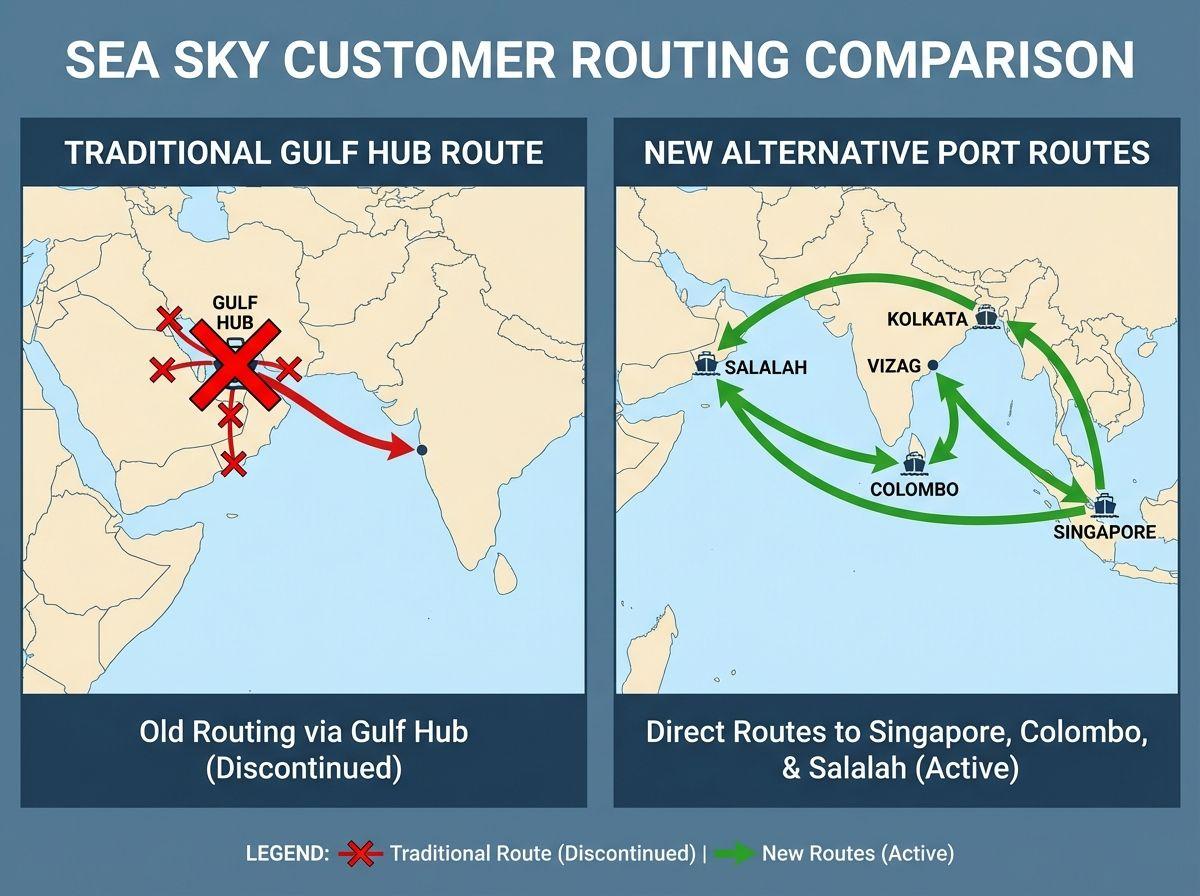 omparison of old Gulf hub routing and new alternative port routing for Sea Sky customers.