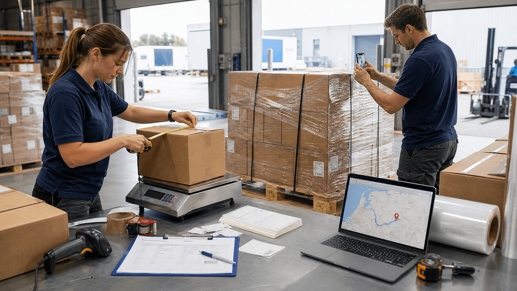 Warehouse team weighing measuring labeling and photographing cargo before shipping to Netherlands