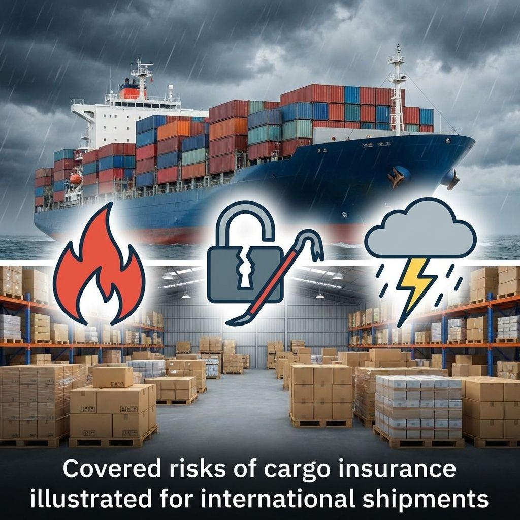 Covered risks of cargo insurance illustrated for international shipments.
