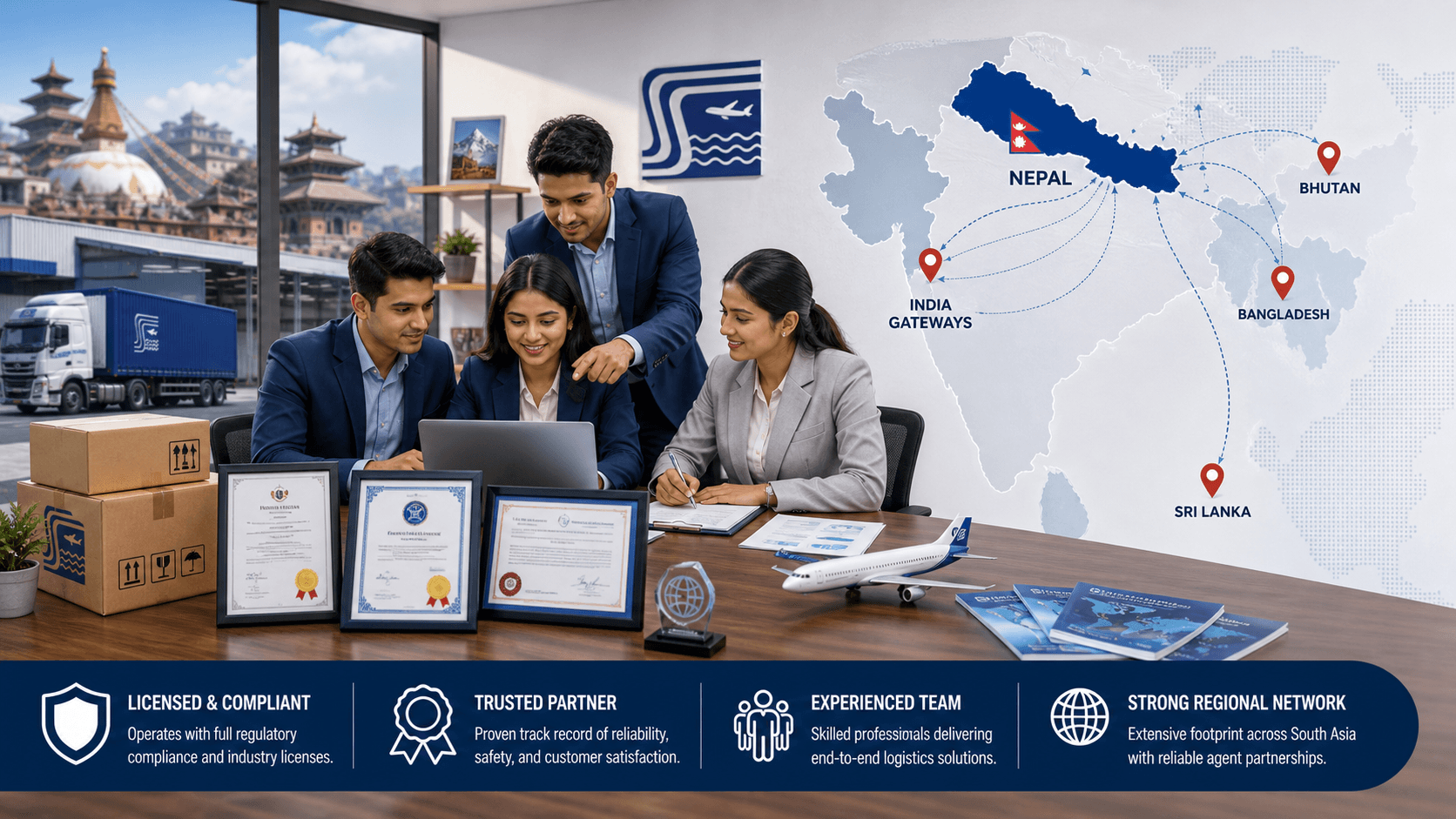 Sea Sky Cargo credentials and regional footprint poster with IATA, FIATA, ISO, customs broker, and Nepal freight forwarding expertise