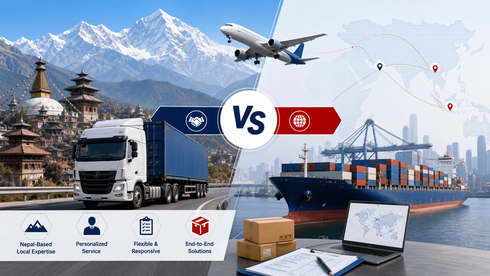 Sea Sky Cargo comparison graphic showing Nepal-based freight expertise, South Asia routes, cargo ship, truck, and airplane