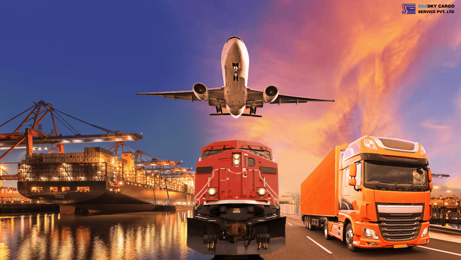 image of cargo planes, container ships, freight trains, and oversized project cargo on the move