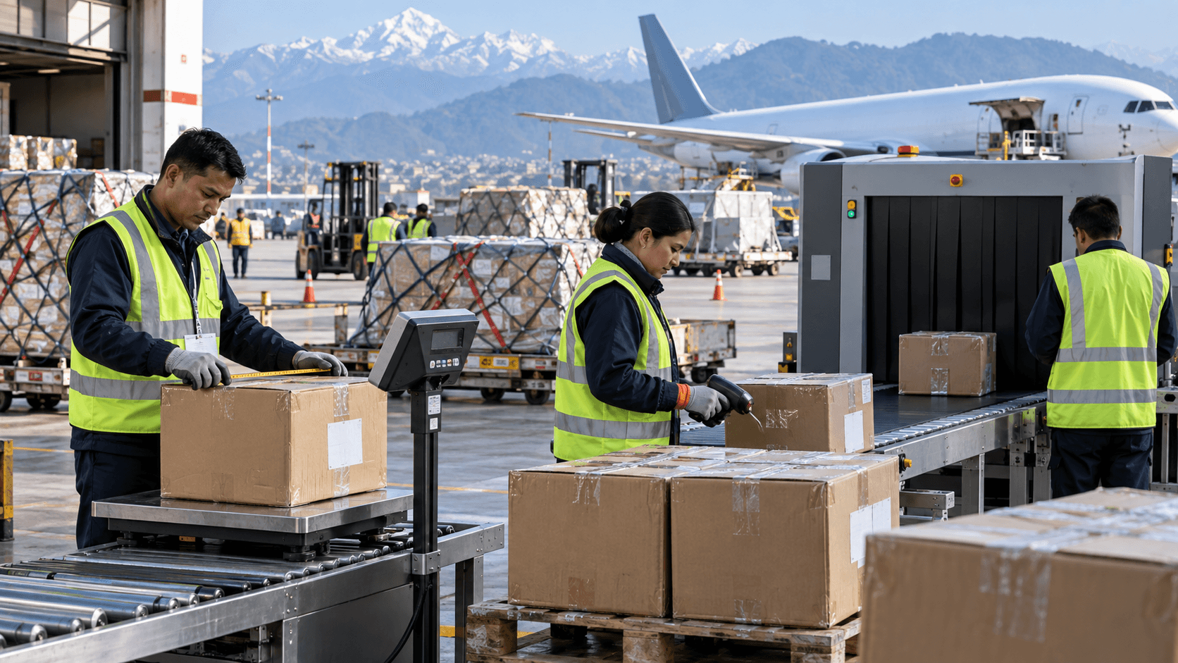 Airport cargo team measuring weighing and security screening sealed commercial packages