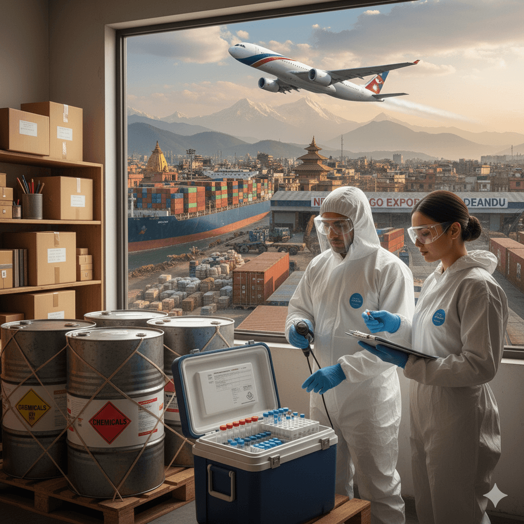 Security and compliance staff inspecting chemical and life-critical logistics shipments.