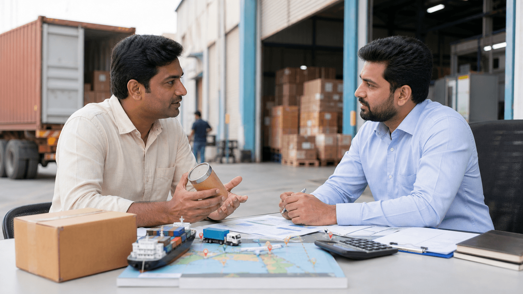 Business importer asking a freight specialist about cross-border shipping routes documents customs and cost