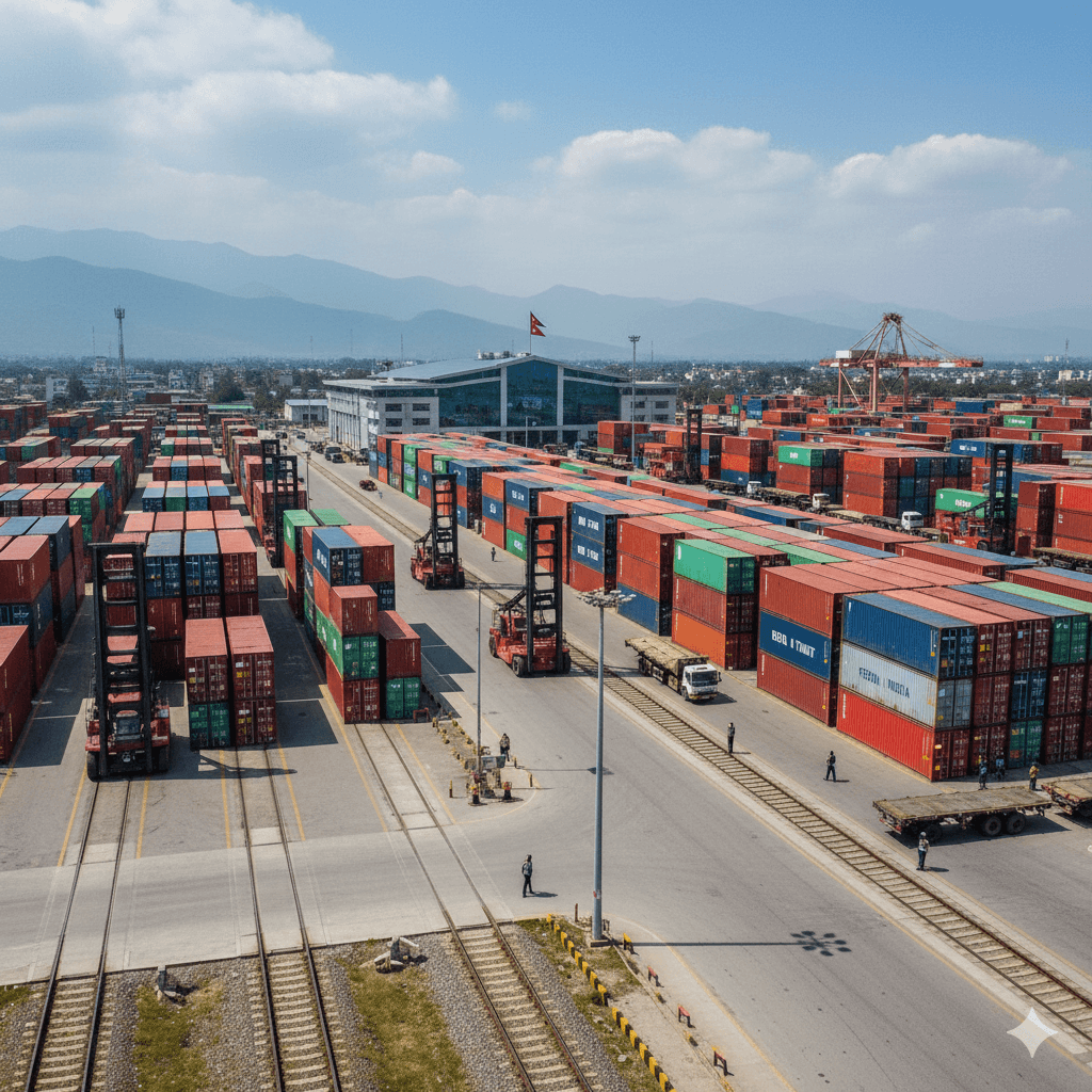Inland container depot in Nepal handling containers for import and export.