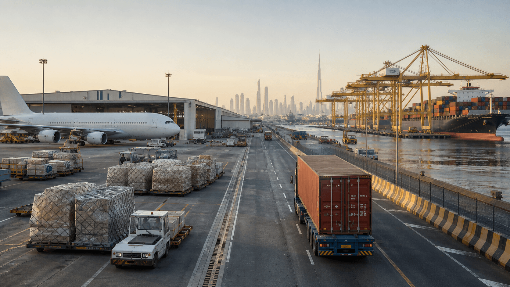 Air cargo pallets and a container truck linking Dubai airport and seaport freight operations