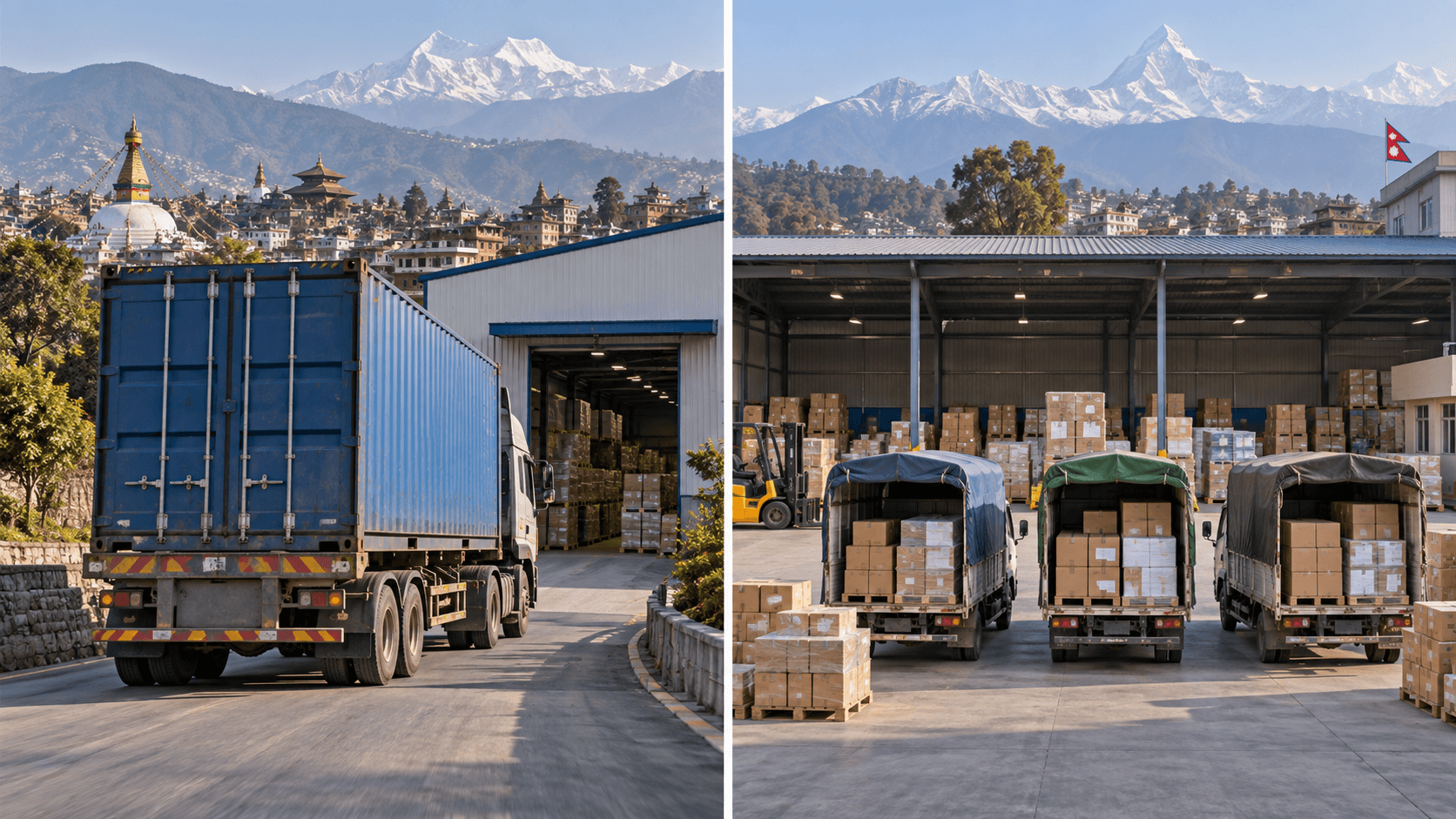 Comparison of an FCL container delivery and smaller LCL cargo trucks in Nepal