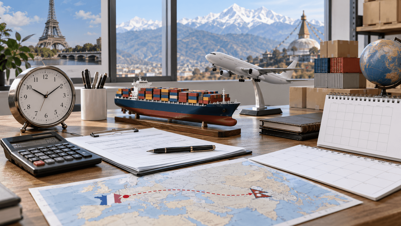 France to Nepal air and sea transit planning with cargo weight volume port and delivery costs