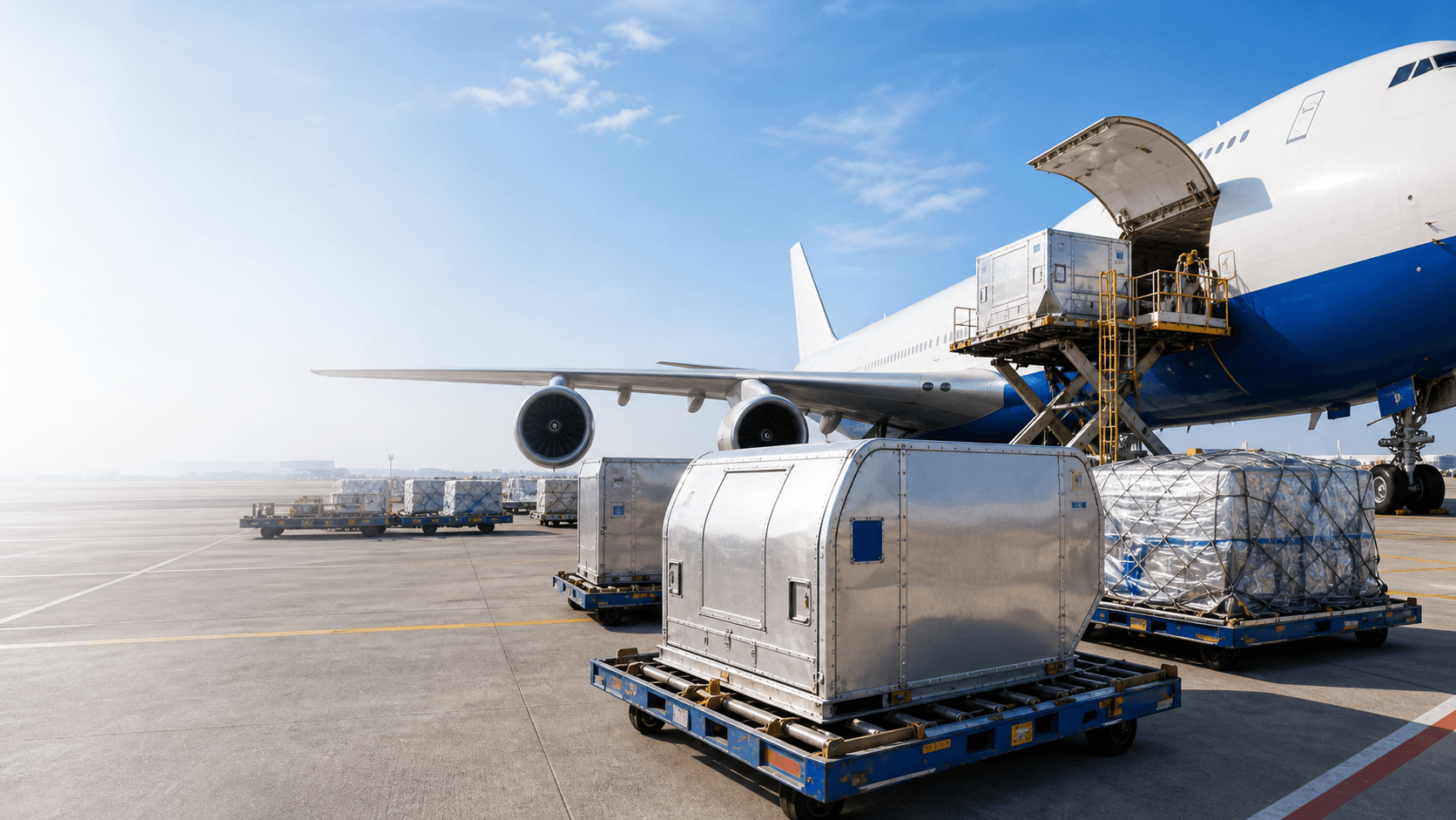 Air cargo containers and airline pallets used in air freight.