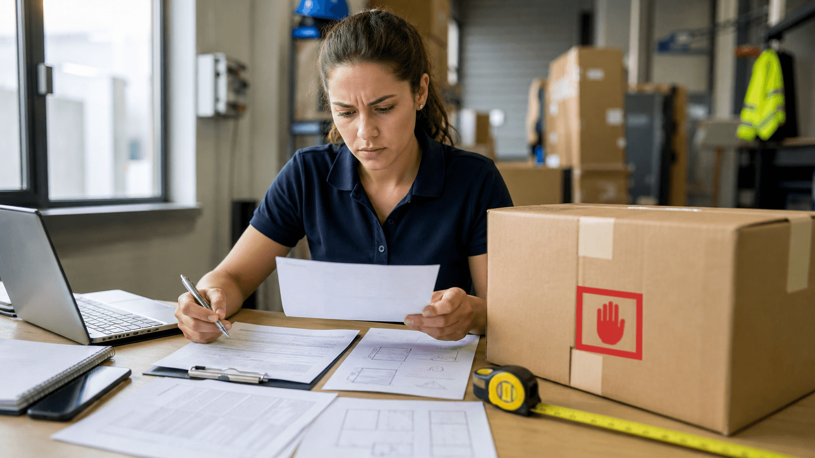 Freight coordinator correcting document mismatch and cargo details before Denmark shipment