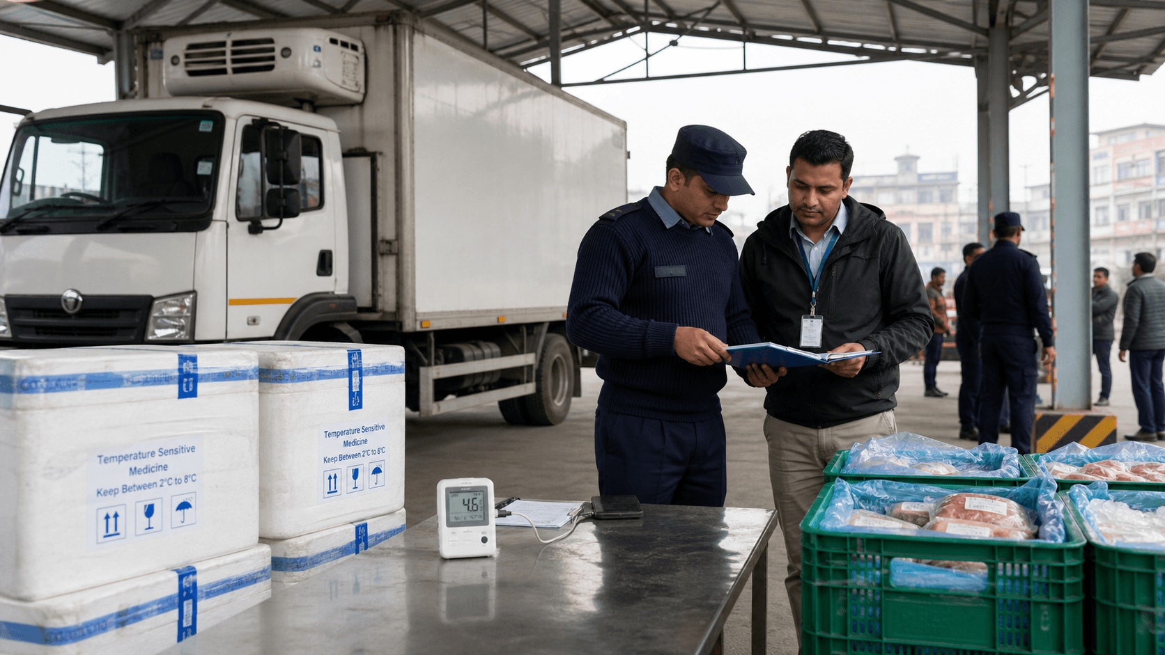 Customs officer and freight agent reviewing documents beside temperature-controlled medicine and food cargo