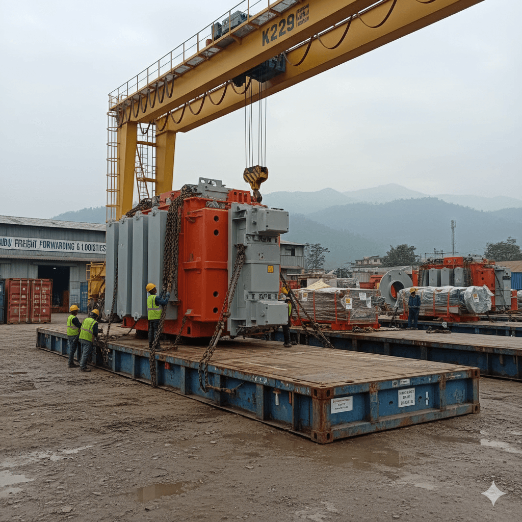 Oversized machinery on a flat rack container ready for freight forwarding to Kolkata Port.