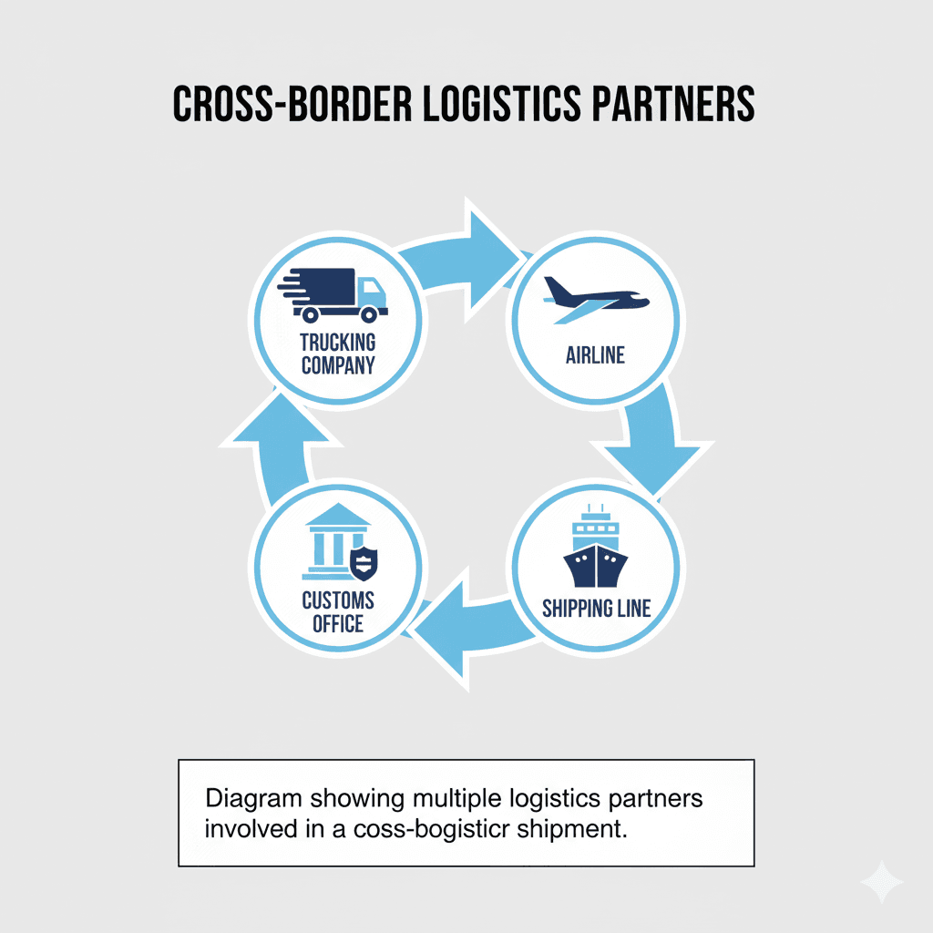 Diagram showing multiple logistics partners involved in a cross‑border shipment.