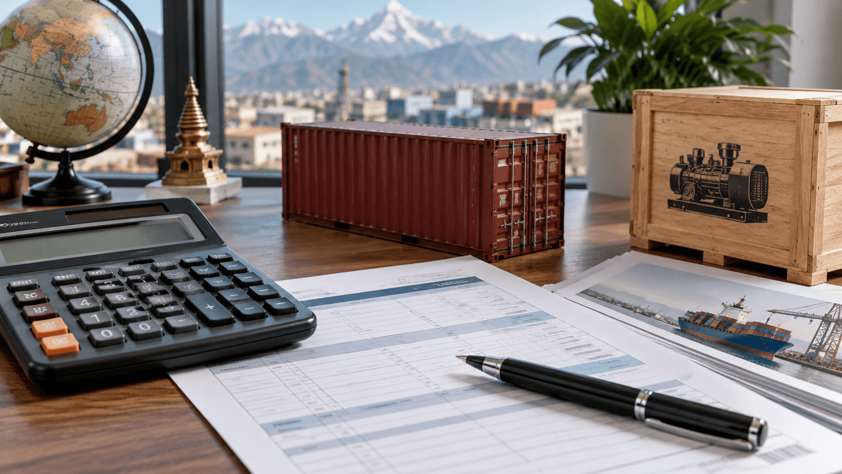 Calculator and import-cost worksheet beside shipping documents and container models