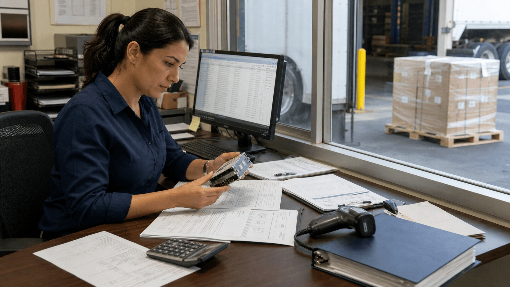 US export compliance specialist reviewing commercial cargo classification and shipment documents