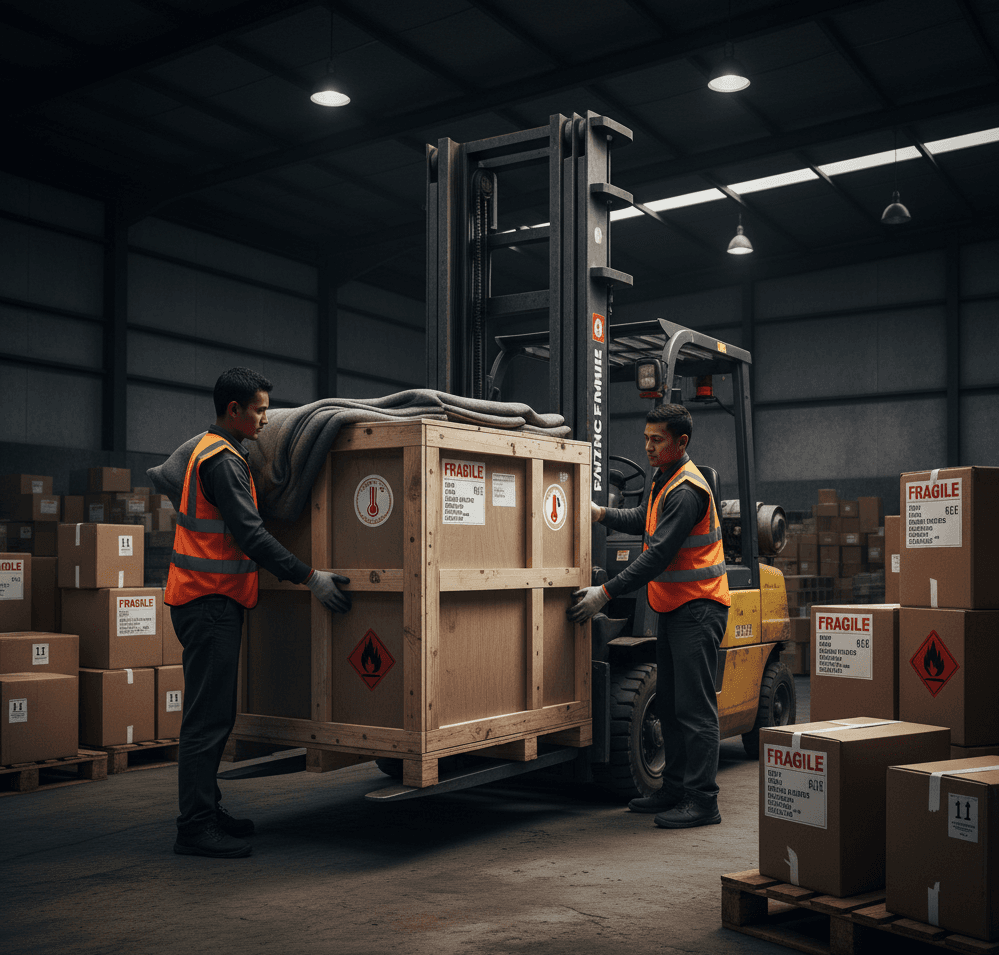 Professional logistics team using custom handling equipment for Nepal's diverse cargo needs