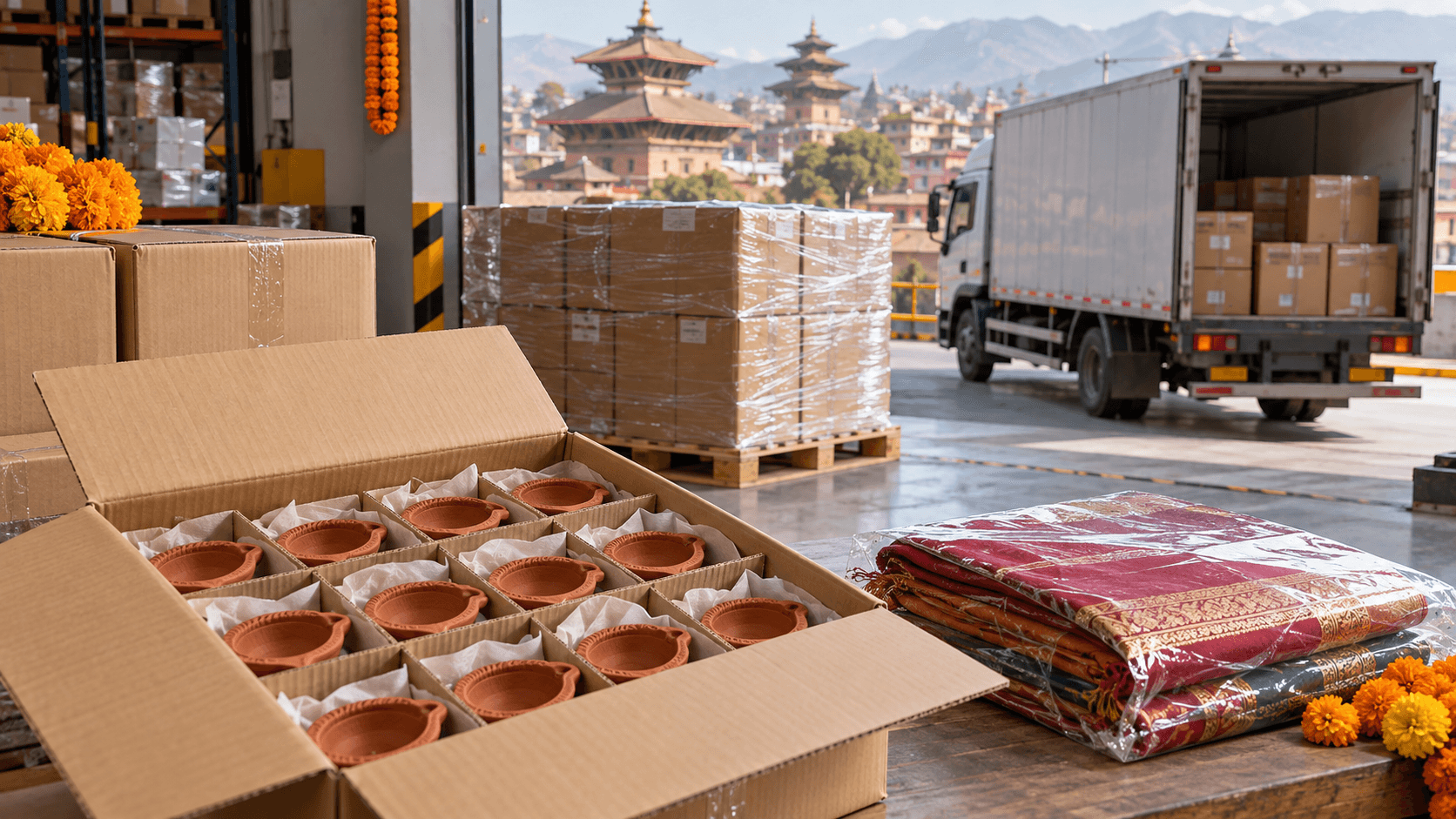 Protected clay diyas and sealed festival cartons staged beside a delivery vehicle at a Nepal warehouse