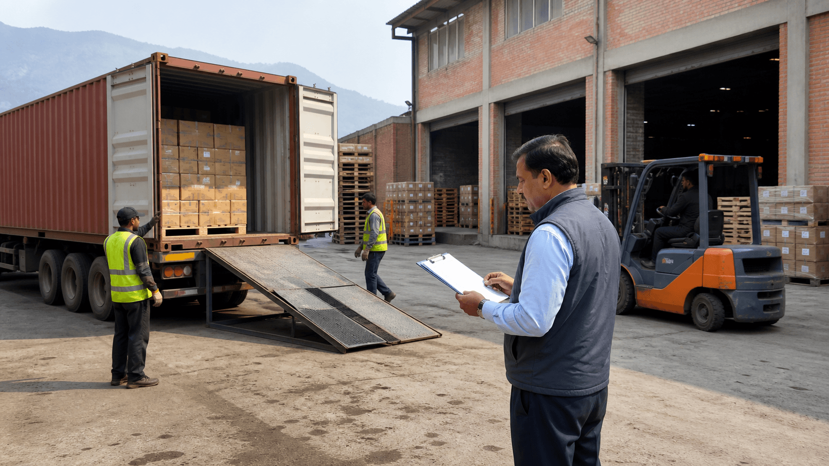 Nepal warehouse manager preparing a forklift ramp and receiving area for container delivery