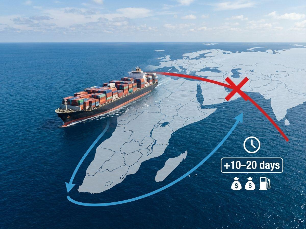Ocean carrier rerouting ships around Africa with longer transit time and added surcharges.