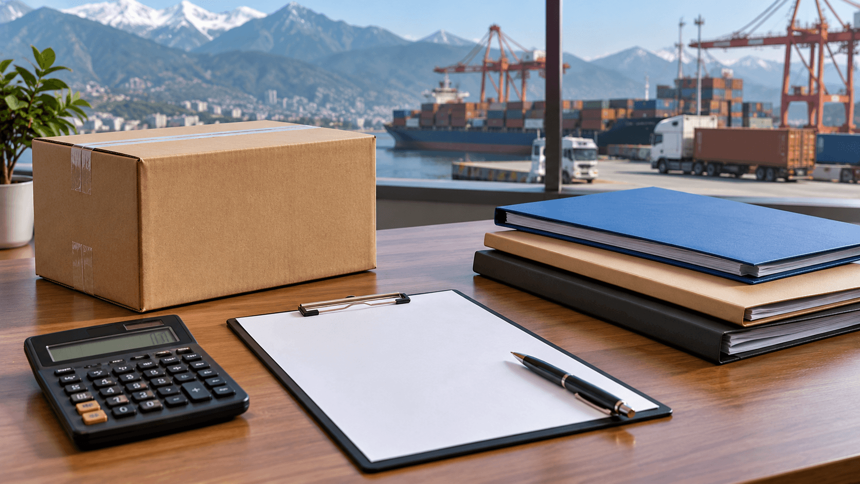 Separate blank tax and permit folders beside a freight quotation and sealed cargo parcel