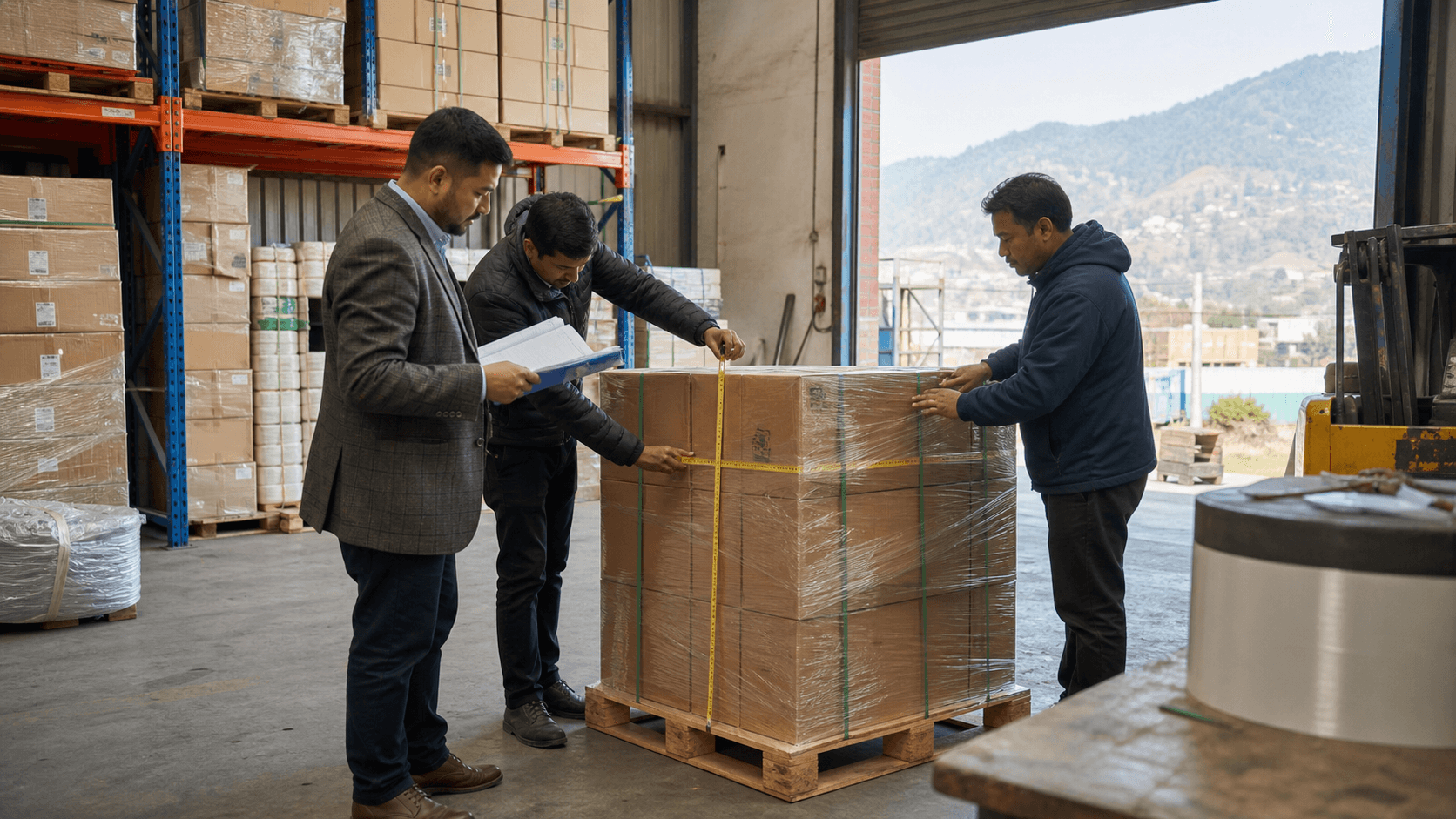 Nepal exporter and freight coordinator checking cargo and export documents before dispatch