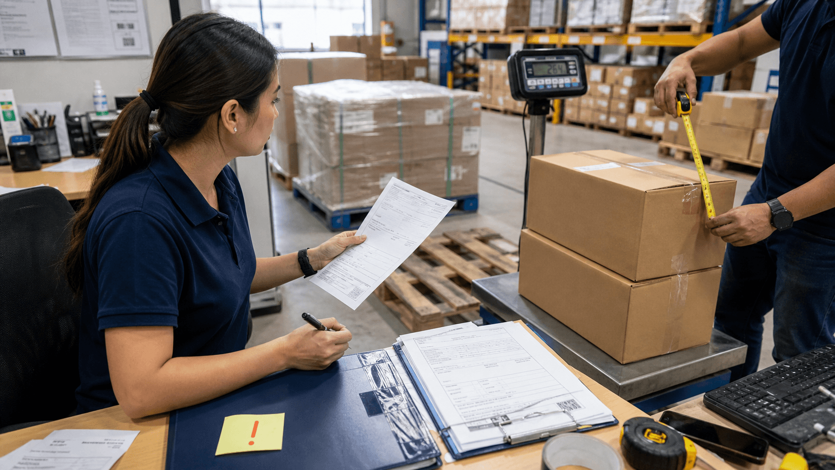 Freight coordinator checking document mismatch and carton measurements before Netherlands shipment
