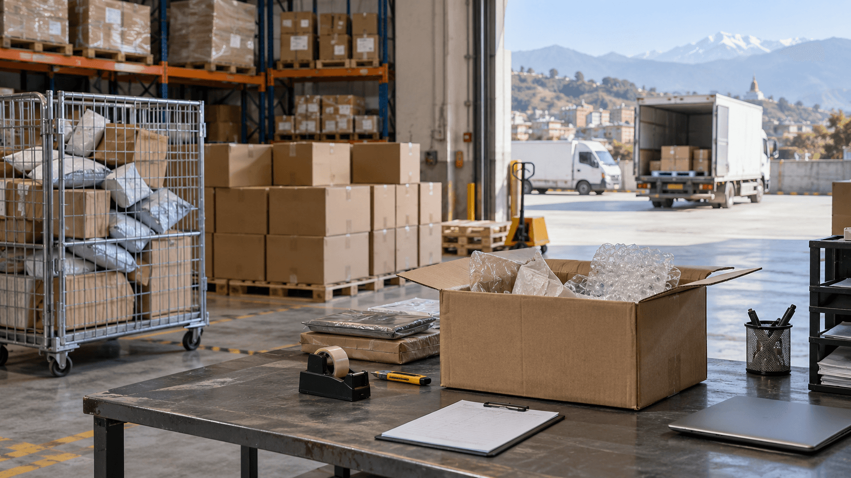 Returned packages arranged in a separate warehouse inspection area with empty checklist and protected goods