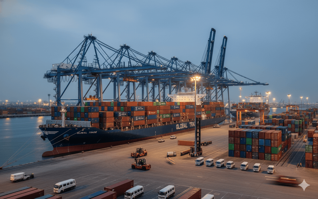 Sea freight containers bound for global markets under Sea Sky coordination.