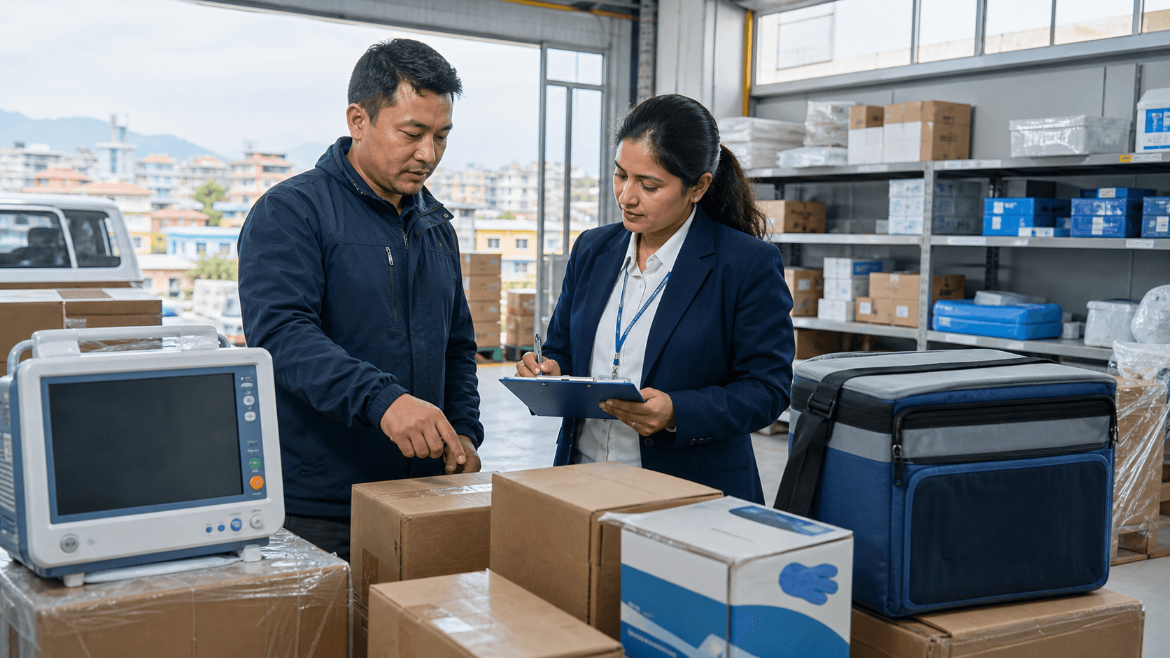 Healthcare logistics team reviewing medical supplies diagnostic equipment and shipment records in Nepal