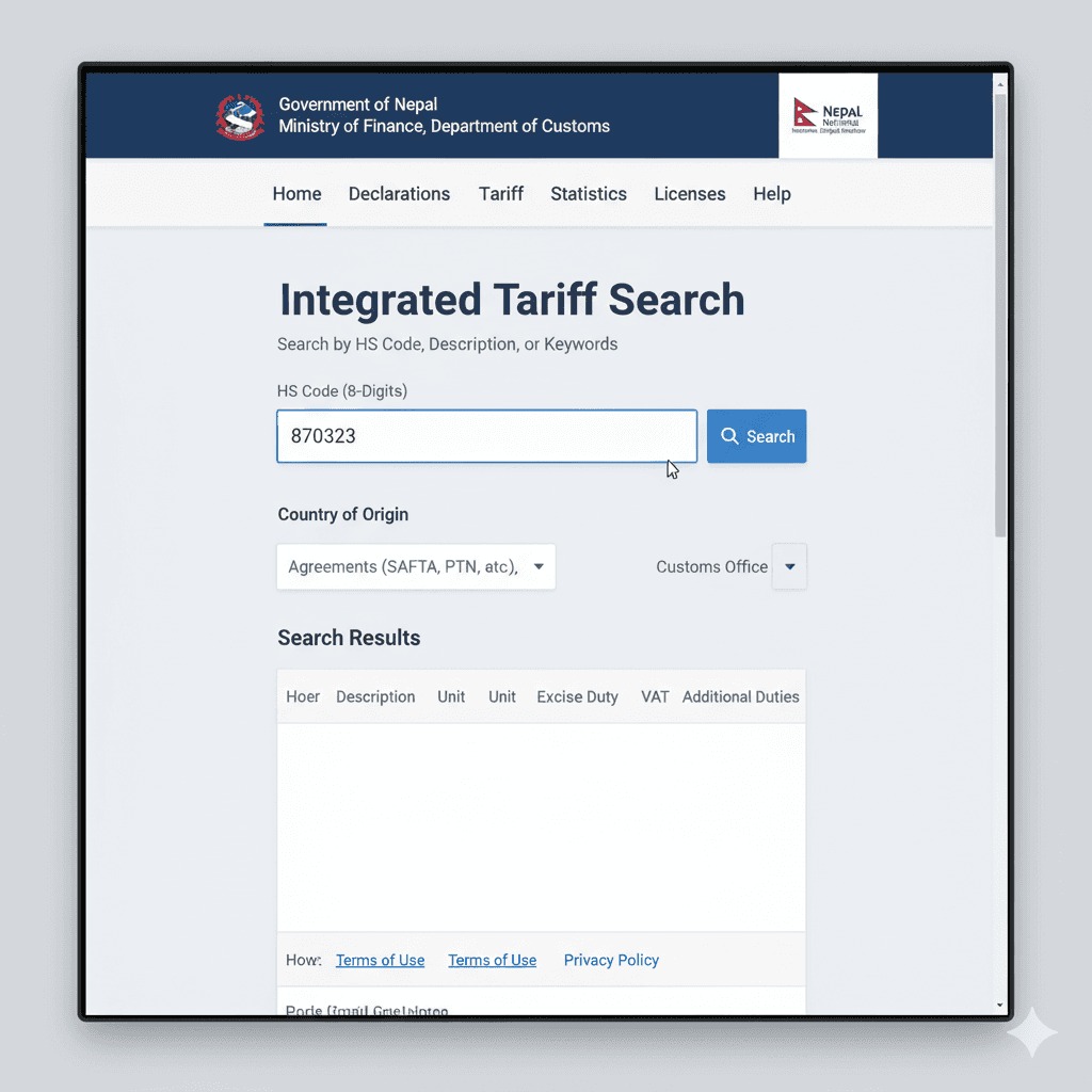 User entering an HS code into Nepal’s online customs tariff search tool.