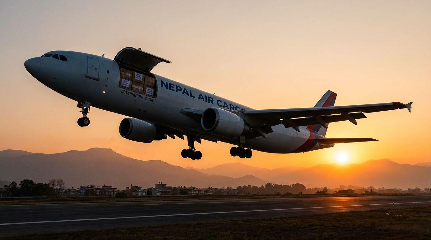 Nepal air cargo departing TIA for Japan apparel exports.