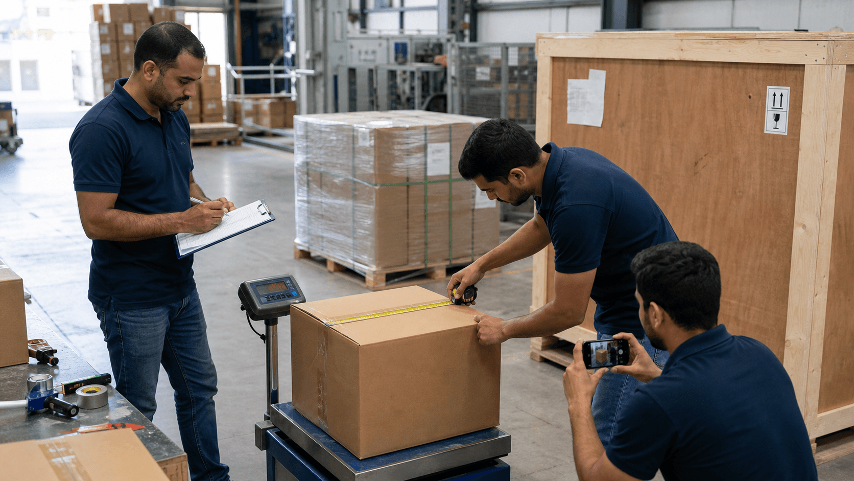 Warehouse team weighing measuring photographing and checking packed cargo before shipment