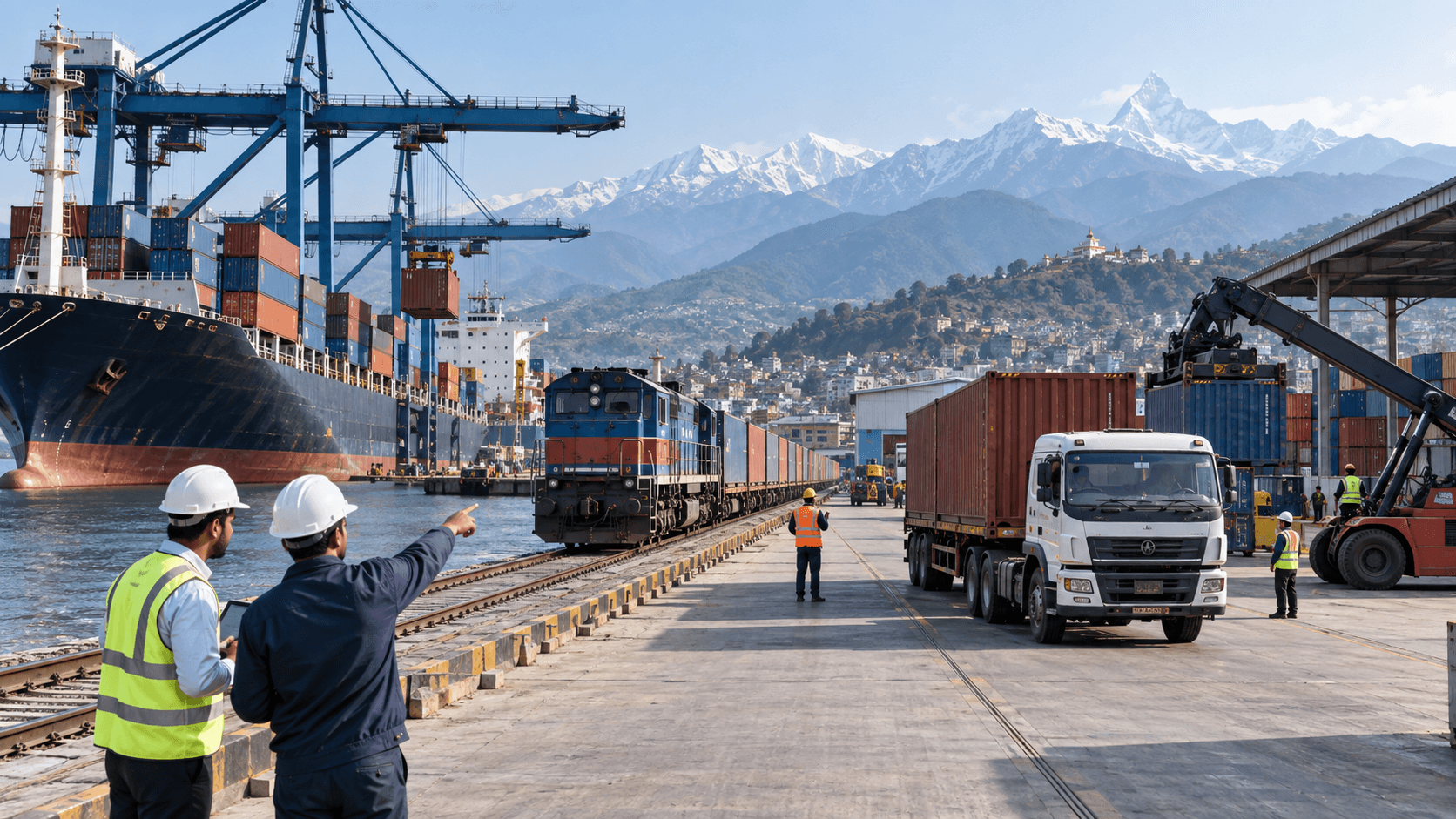 Container ship freight train and truck forming a multimodal cargo corridor for Nepal