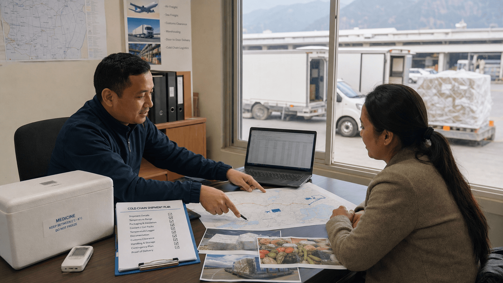 Sea Sky Cargo advisor reviewing a cold-chain route with medicine food and refrigerated delivery details